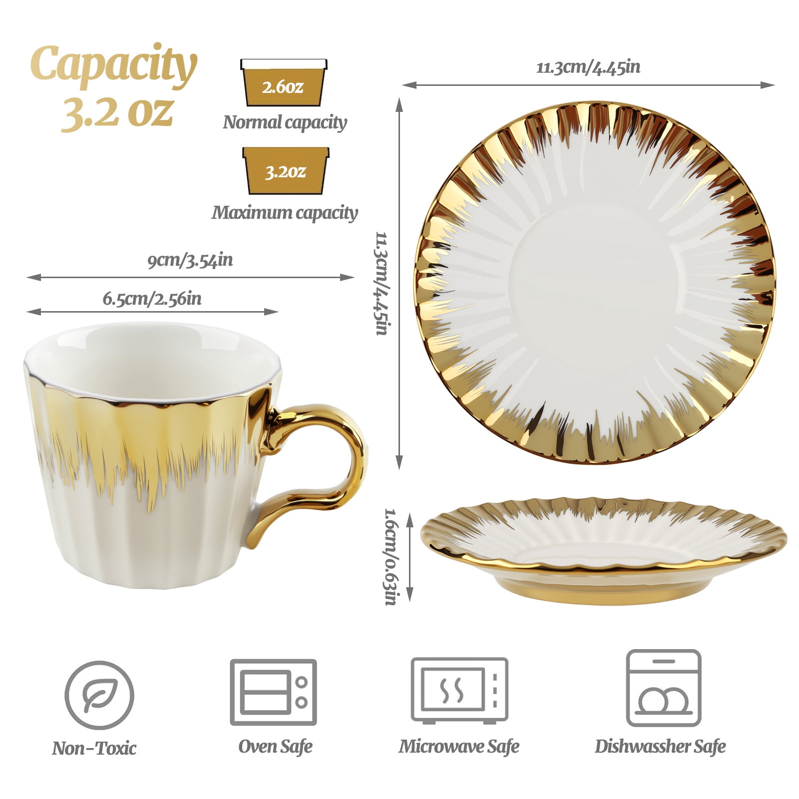 3.2oz Ceramic British Coffee Cup Set of 6, Italian Turkish Cappuccino Cups Porcelain Espresso Cups and Saucers with Gold Trim for Double Espresso Cappuccino Latte Mocha Tea