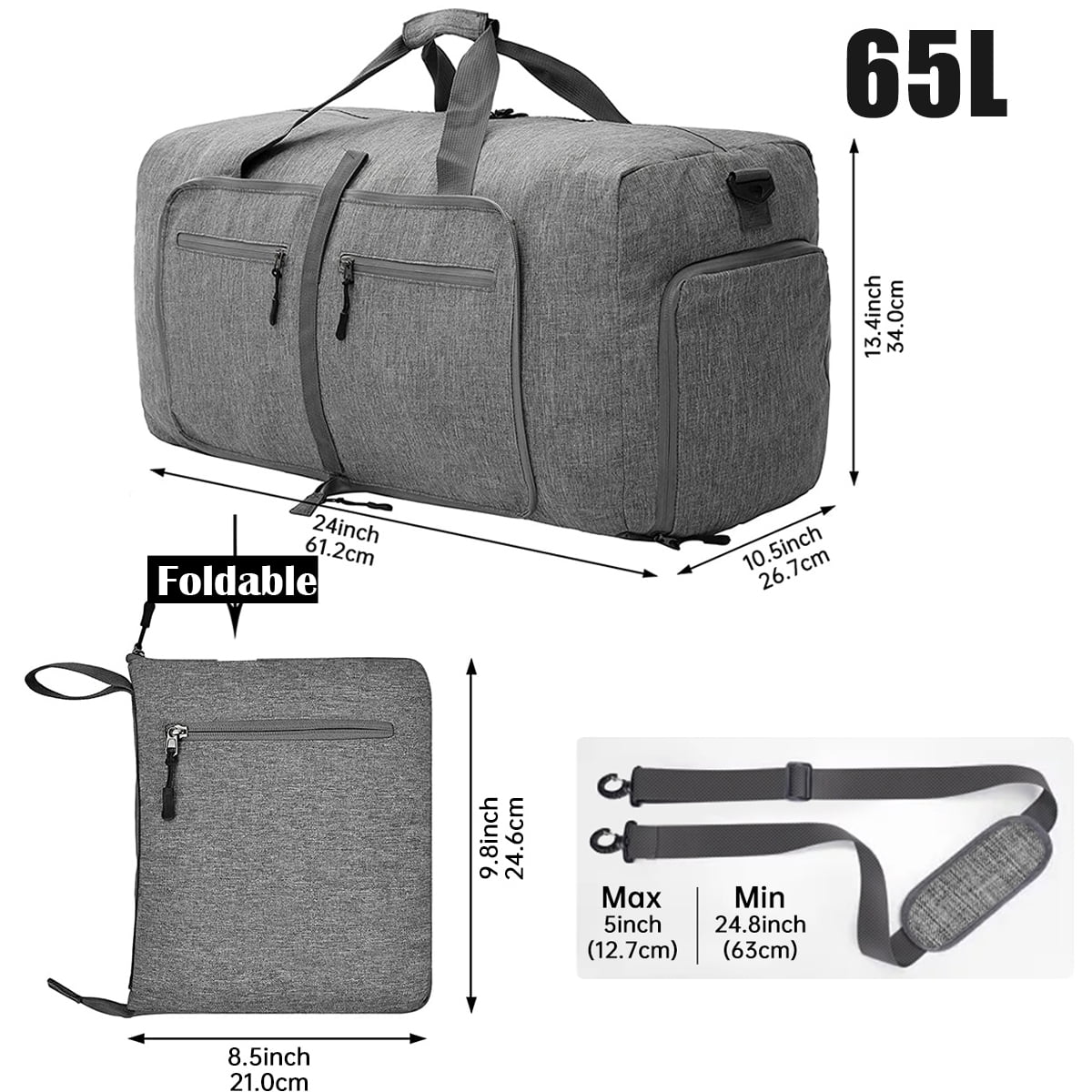 XUEYU 24" Large Travel Duffle Bag for Men, 65L Foldable Travel Duffel Bag with Shoes Compartment, Overnight Bag for Men Women Waterproof, Travel Bag for Traveling Camping Touring, Gray