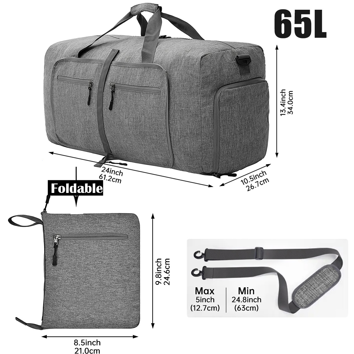 Xueyu 24" Collapsible Travel Duffel Bag, 65L, Gray photo 2
