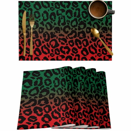 

Leopard Print Animal Skin Texture Art Placemats Set of 4 Wipeable Washable Table Mats for Dining Tables Red Green Gradient Back Place Mats for Kitchen Event Party Tabletop Decor
