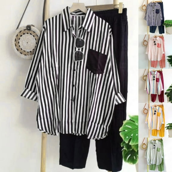 WRKEKC 2 Piece Sets for Women, Casual Outfits for Women, Ladies' Fall Casual Striped Print Rolled Long Sleeve Lapel Button-Up Shirt and Elastic Waist Long Pants Set