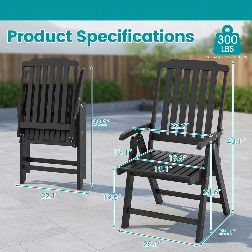 Hommoo Foldable HDPE Outdoor Dining Chair with Armrests, All-Weather, Rustproof, Space-Saving Patio Chair for Backyard, Balcony & Indoor Use, Black