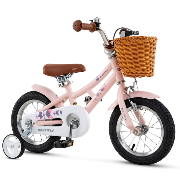 Costway Bicicleta con manillar y asiento de altura ajustables, cesta y timbre, ruedas de entrenamiento, color rosa
