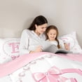 thumbnail image 4 of Manfei Girls Cartoon Personalized Initial E Bedding Comforter Set 7 Pieces,Ribbon Bowknot Pearl Print Full Bedding Set for Kids Teens,Pink Reversible,Microfiber Bedroom Decor, 4 of 7