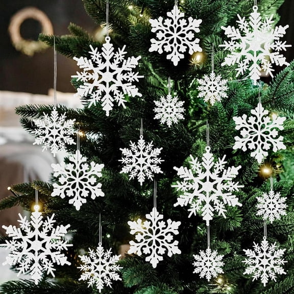 CoreLiving Snowflake Christmas Ornaments Bulk - White Plastic Hanging Snowflake Decorations for Holiday Winter Christmas Tree Party Supplies, 36 Pack