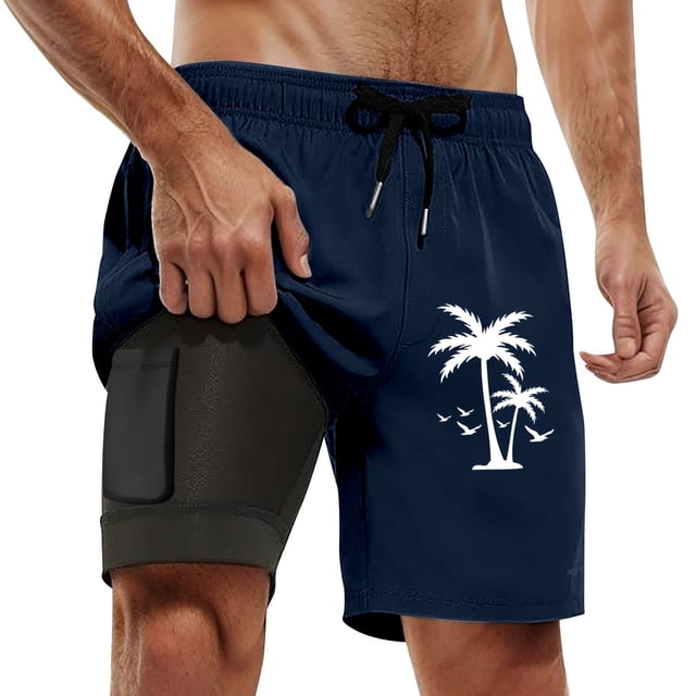 Mens Workout Shorts Swim Trunks Compresssion Liner Inseam Board Shorts Bathing Suit With Pockets Athletic Shorts Dark Blue L