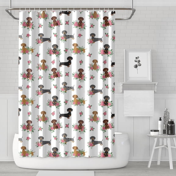 Dachshund and Rose White Pattern Modern Waterproof Shower Curtain Set with 12 Hooks, Washable Decorative Bathroom Shower Curtain
