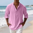 thumbnail image 2 of IROINNID Men Solid Slub Linen Blend Mandarin Collar Half Button Henley Shirt Roll Tab Adjustable Long Sleeve Loose Breathable Casual Vacation Pullover Top(Pink,M)Blouses & Tops, 2 of 9