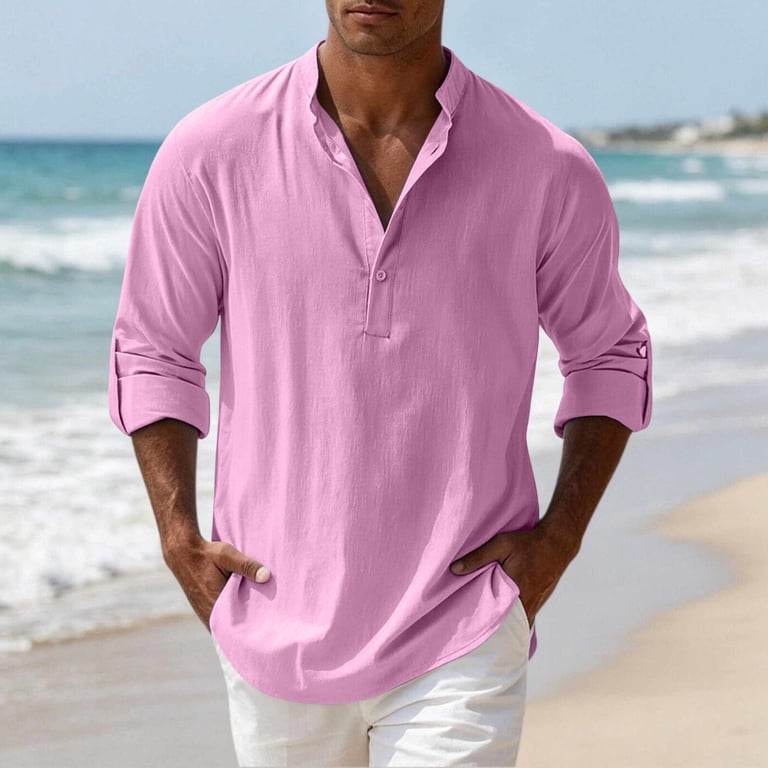 JUUYY Men's Cotton Linen Shirt Button Up Stand Collar Loose Fit