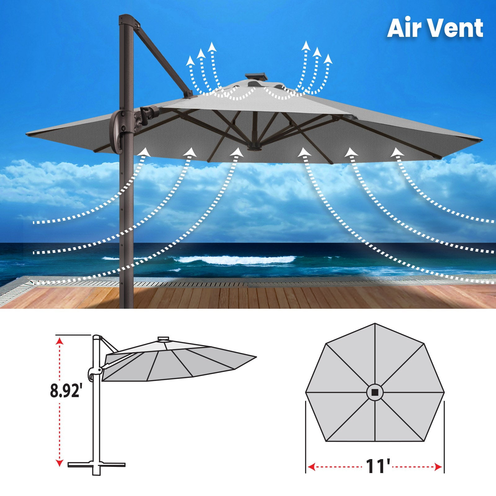 SUNRISEUMBRELLA 11'Deluxe Hanging umbrella with lights(Charcoa)