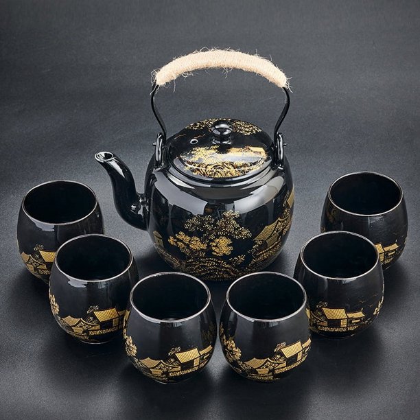 Juego de té de gran capacidad con esmalte negro, tetera de cerámica sencilla con asa, juego de taza de té, regalo para el hogar y la oficina