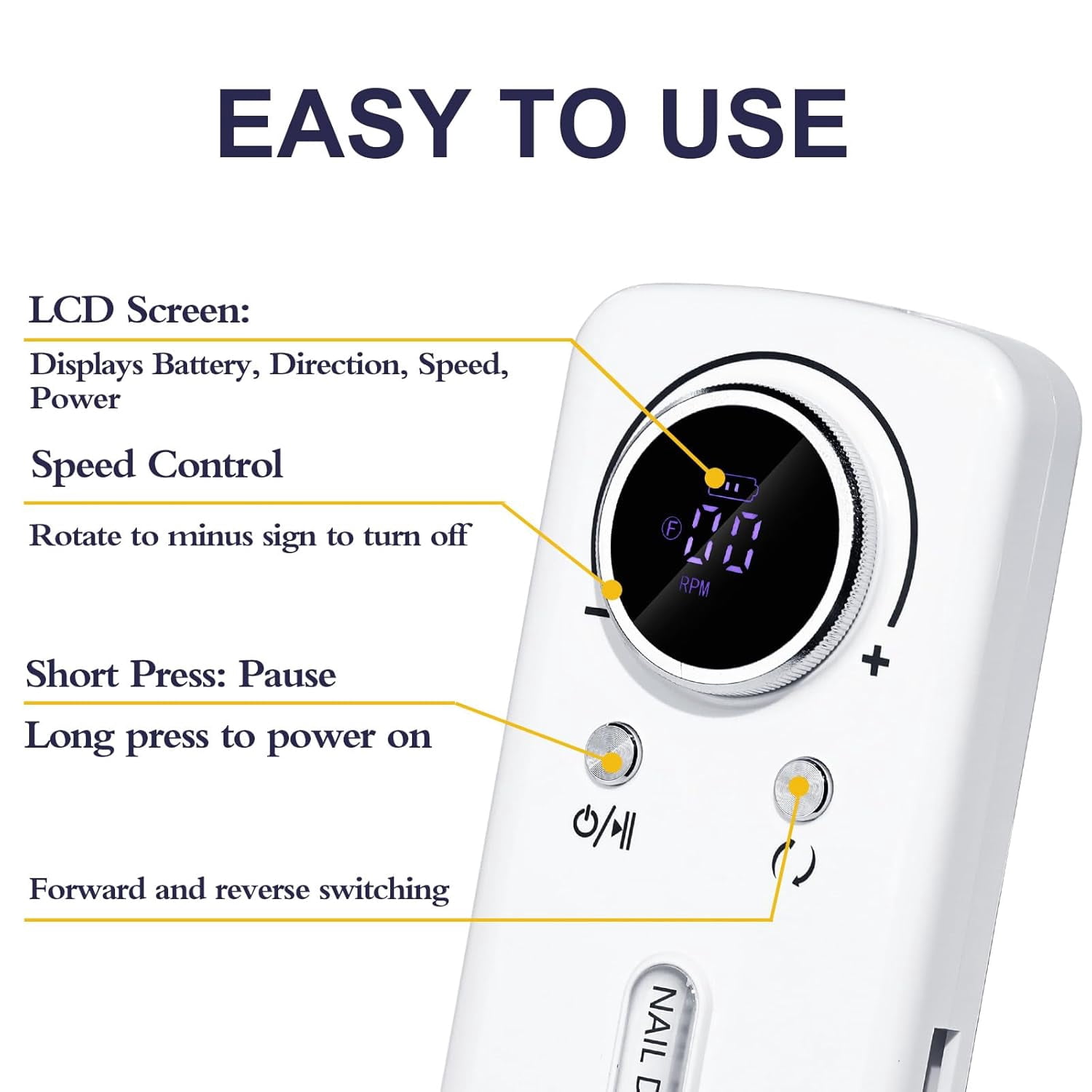 Electric Nail Drill, 45000RPM Nail Drill, Rechargeable Electric Nail File, Professional Nail Drill, with 6 Drill and Sanding Strips, for Acrylics/Gels/Natural Nails (Size:V3  Color:White