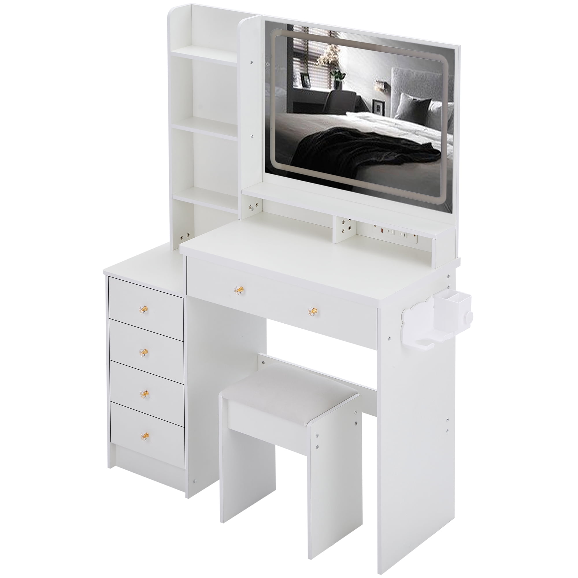 Large Size Left Bedside Cabinet Vanity Table+Cushioned Stool Dresser Set
