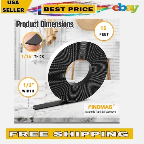 Findmag Magnetic Tape 15 Feet Self Adhesive Flexible Magnet Strip 1/2 Inch Roll
