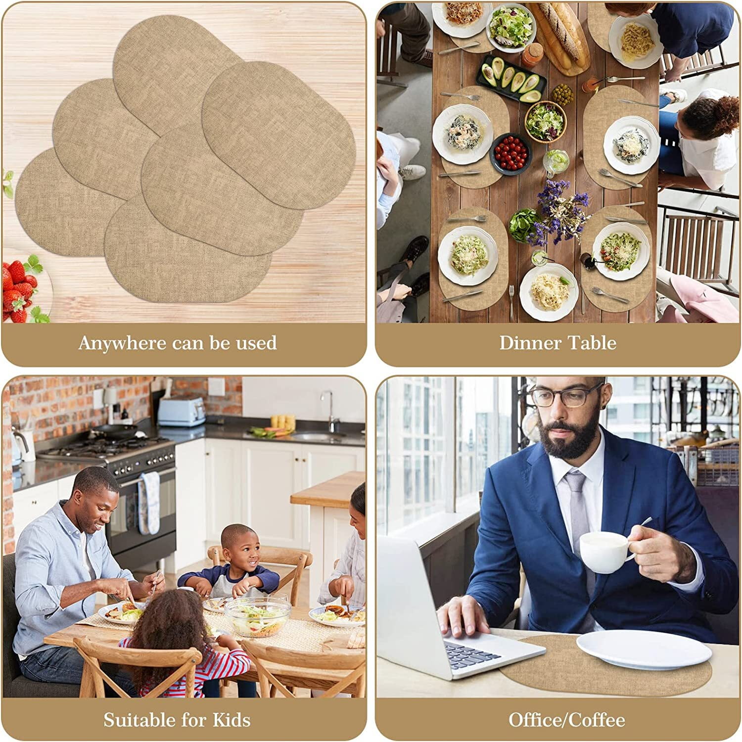 QPIX DIGITAL Placemats Set of 6, Faux Leather Placemats, Oval Table Mats,  Heat Stain Scratch Resistant Non-Slip Waterproof Oil-Proof Washable