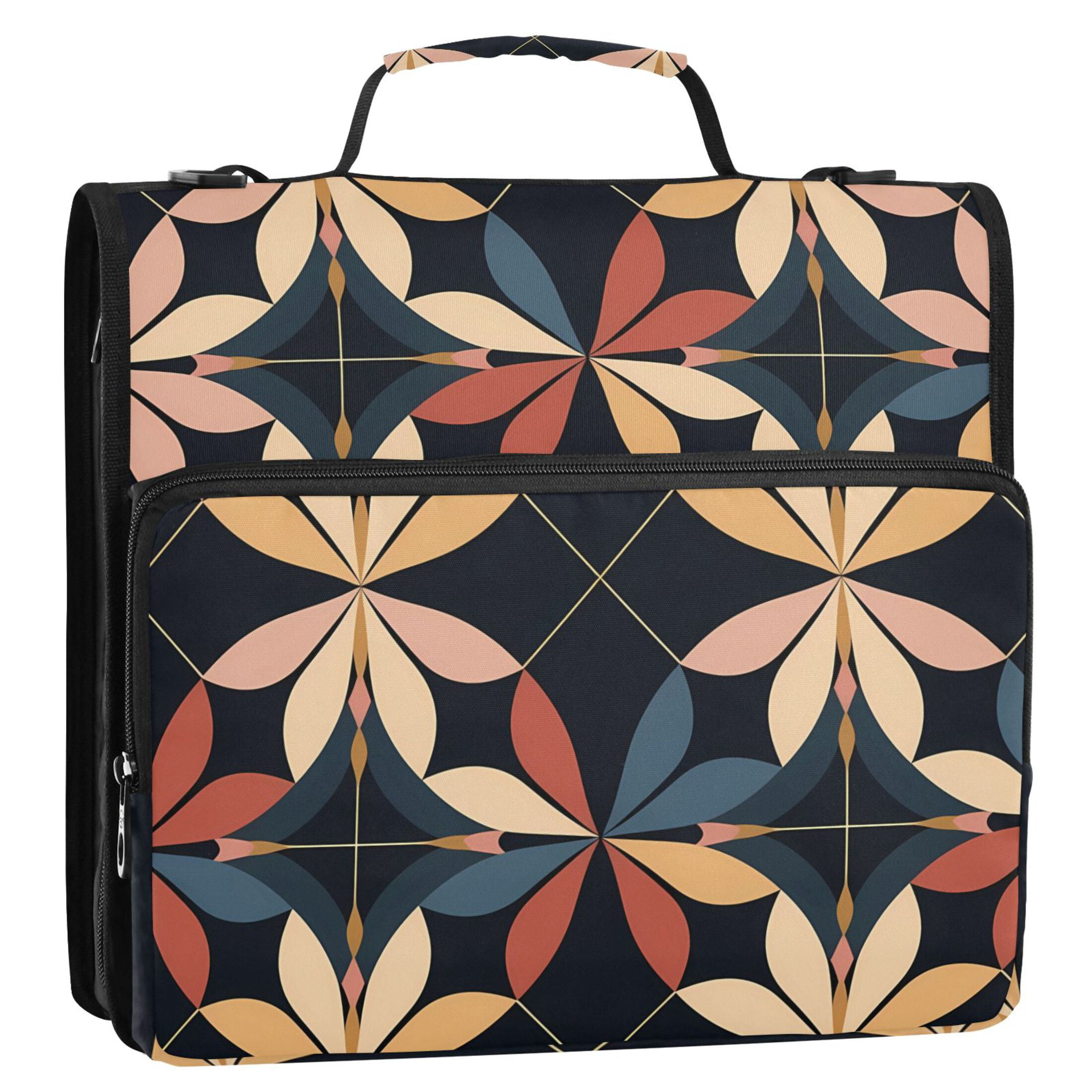 3 Ring Zipper Binder with Shoulder Strap Waterproof Trapper Keeper 1.5 Inch D-Ring 500 Sheets Capacity Elegant Geometric Shapes