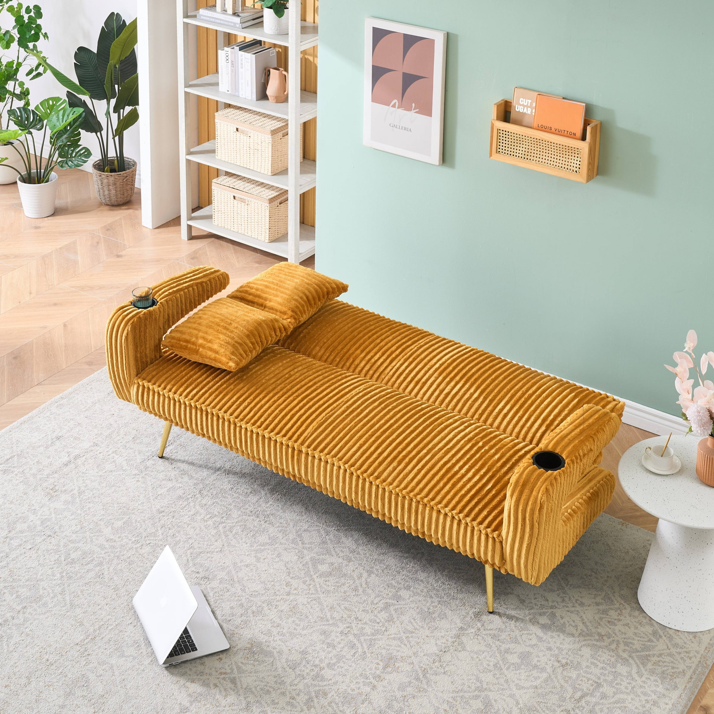 Corduroy Futon Sofa Bed with Pillows,74 inch Modern Convertible Loveseat Sleeper Bed with Adjustable Backrest for Living Room,Orange