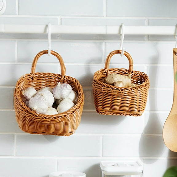 Wall Hanging Storage Basket Brown Plastic Rattan Look | Imitation Woven Bin Organizer for Bathroom Kitchen Cosmetics Toiletries Plants | 7.1 x 4.9 x 5.1 in | Single