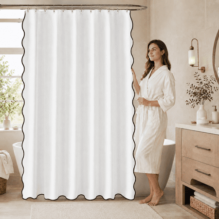 MORAVE White 84" Long Extra Long Scalloped Shower Curtain, Linen Textured Heavy Duty Waterproof Washable Cloth with Black Border and 12 Metal Hooks, Cute for Bathroom Hotel Bathtub