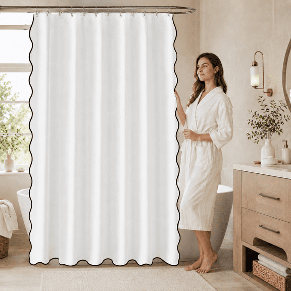 MORAVE White 84" Long Extra Long Scalloped Shower Curtain, Linen Textured Heavy Duty Waterproof Washable Cloth with Black Border and 12 Metal Hooks, Cute for Bathroom Hotel Bathtub