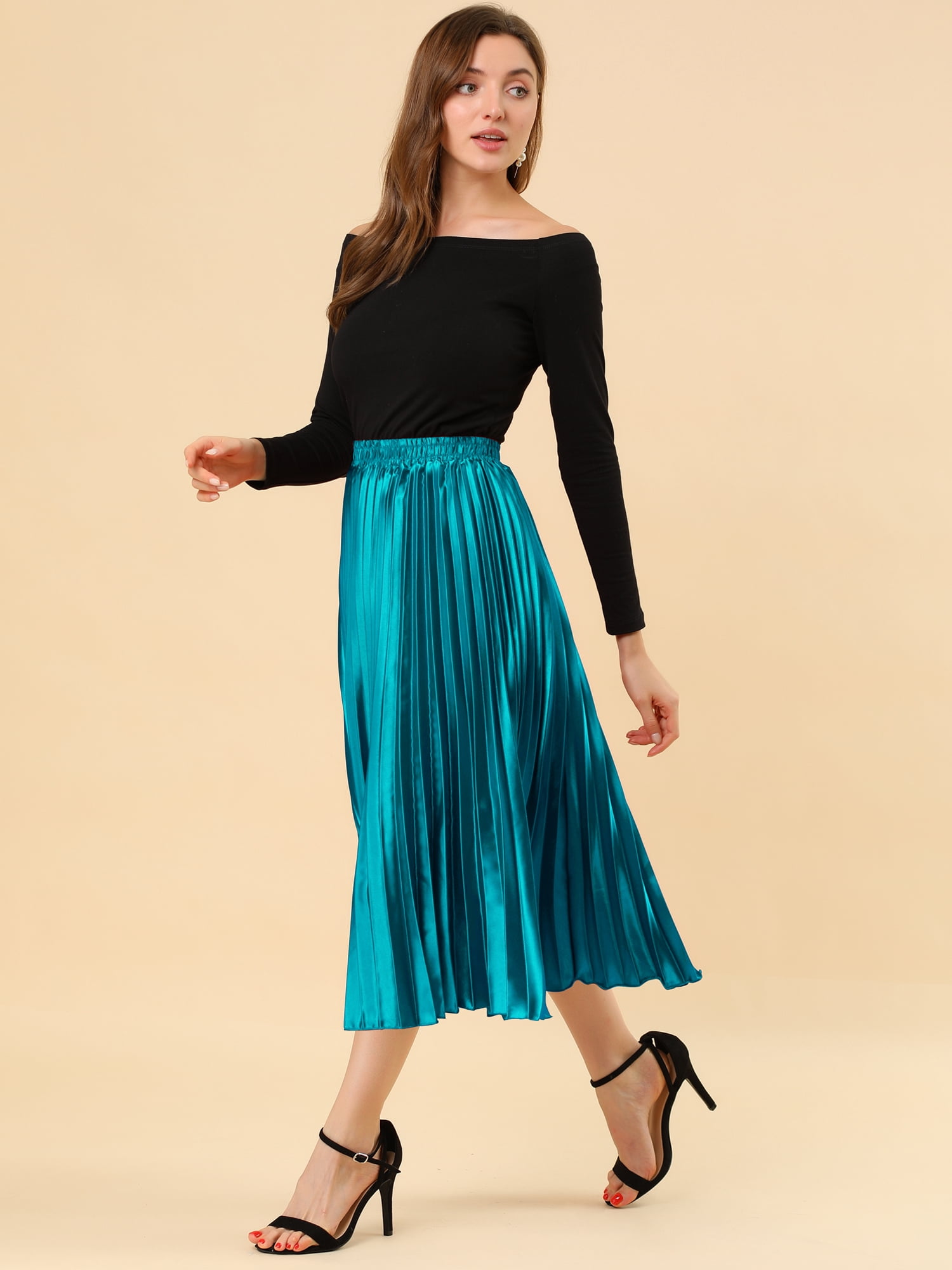 DARING DIVA Women's Midi Length Elastic High Waisted Pleated Skirt 2XL Peacock Blue