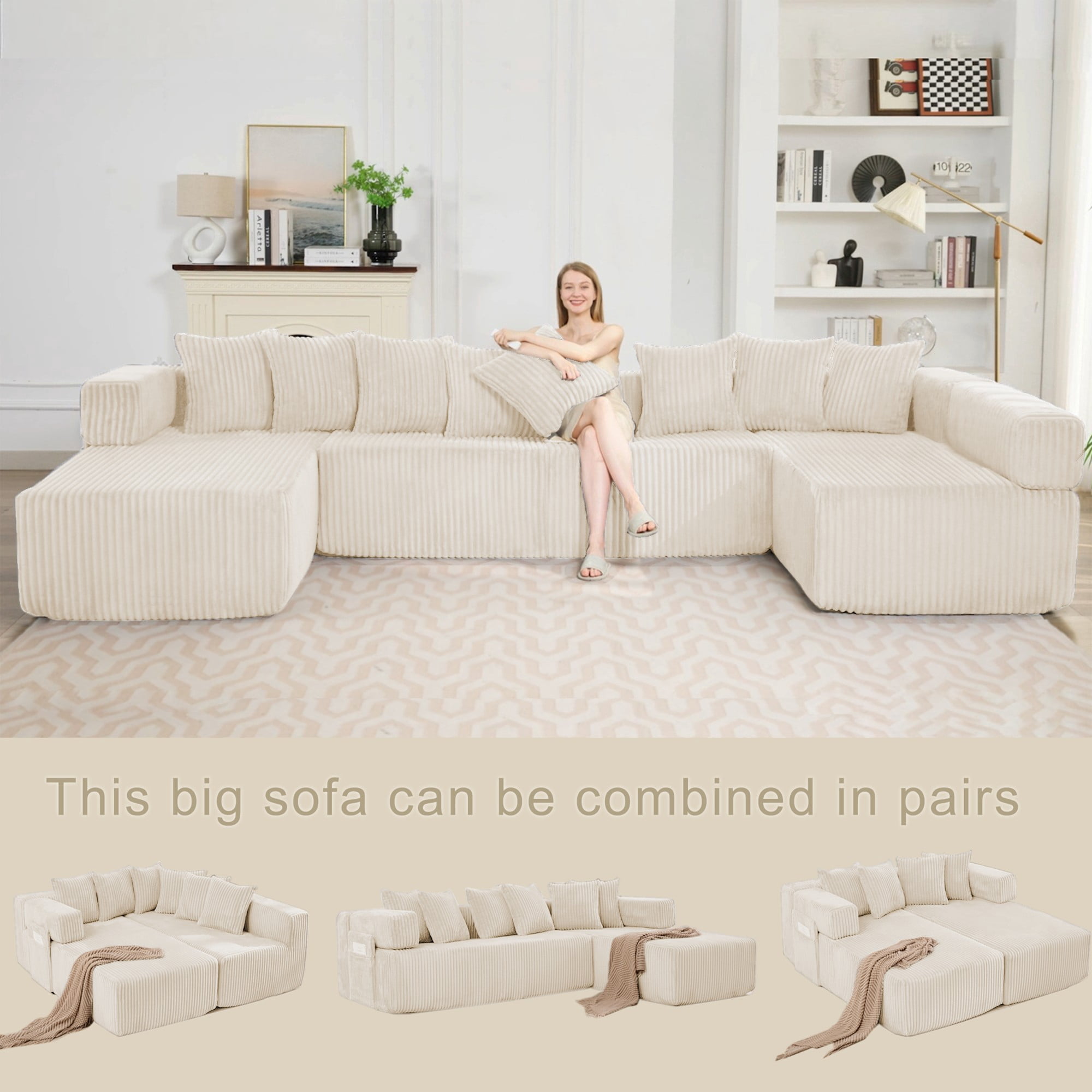 LLappuil 146" Sectional Sofa, U Shaped Sectional Couch with Chaise, 5 Seat Corduroy Sofa Convertible Sleeper Sofa Bed for Living Room Beige