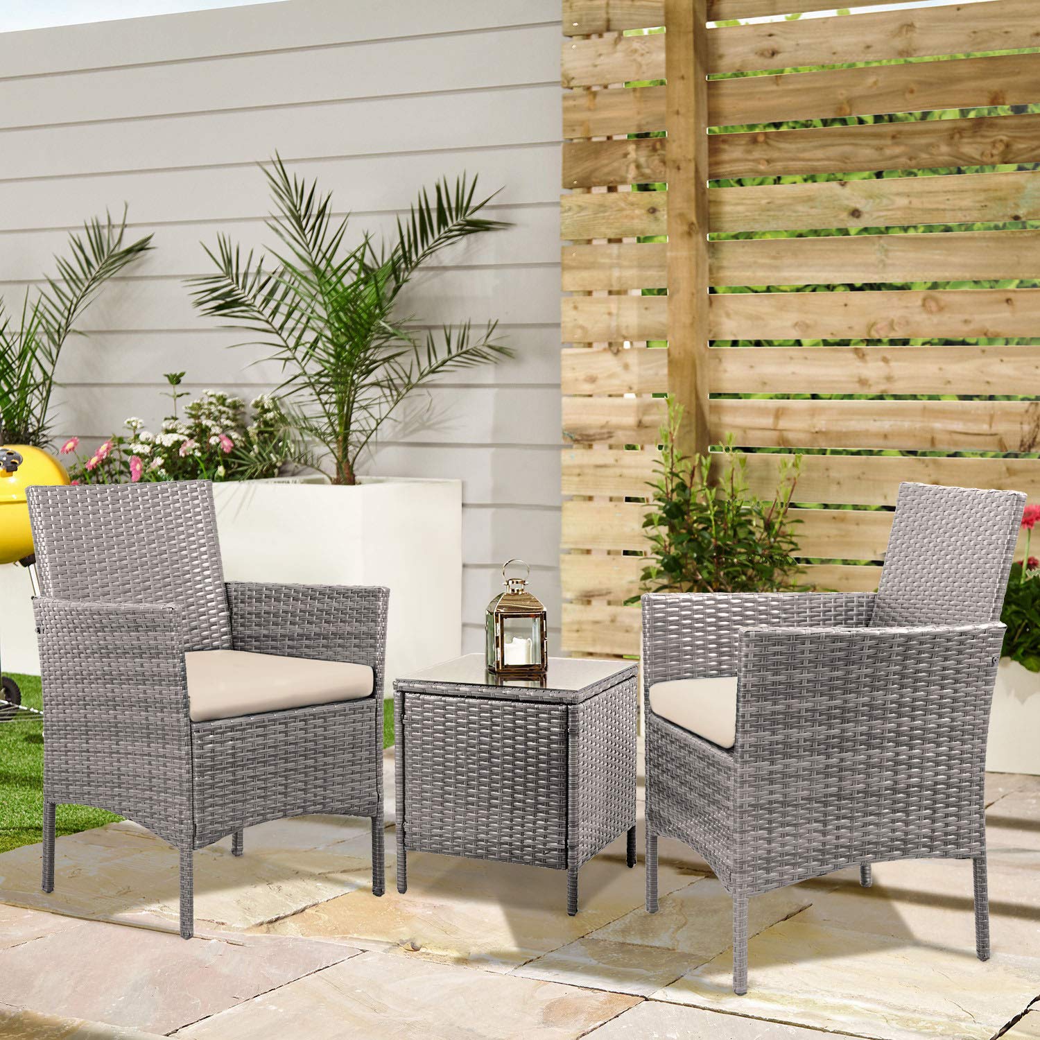 Lacoo 3 Pieces Outdoor Patio Furniture Gray PE Rattan Wicker Table and Chairs Set Bar Set with Cushioned Tempered Glass (Grey / Beige) 2 - image 2 of 6