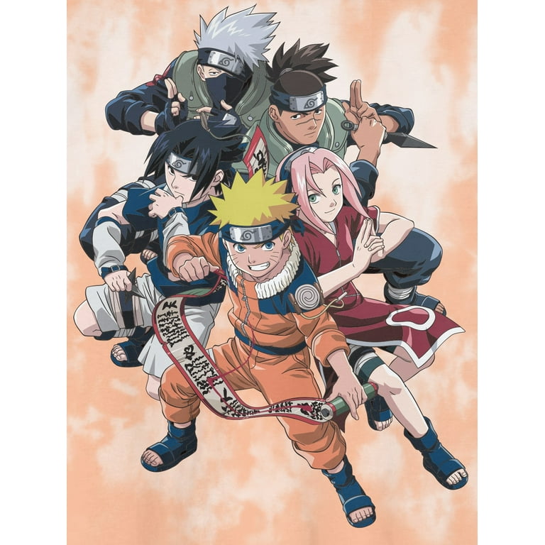 Naruto Classic Group With Scroll Crew Neck Short Sleeve Peach