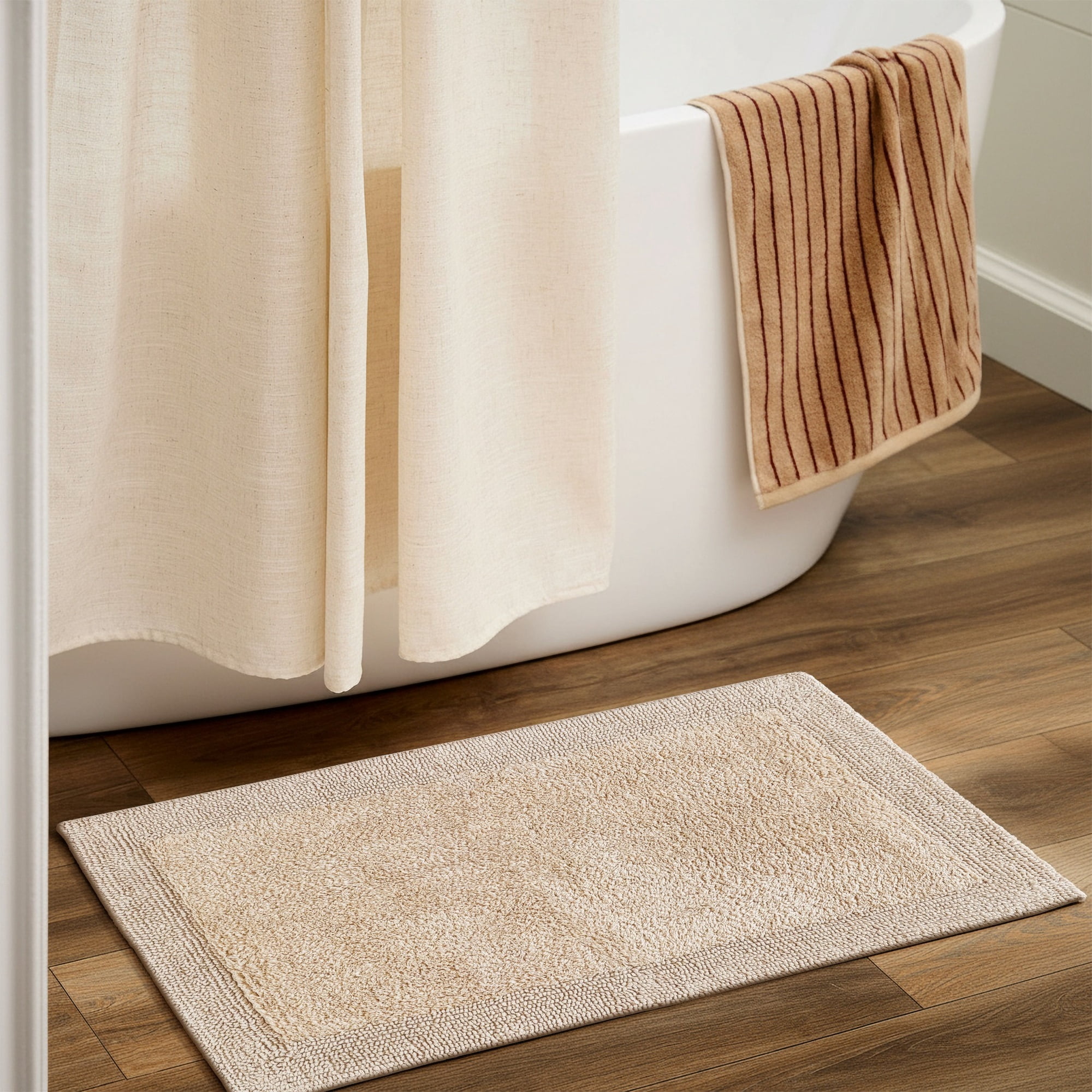 Cotton Reversible Bathmats 20"X32" Beige – 100% Cotton Scalloped Bath Mat, Anti‑Skid, Soft & Absorbent Bathroom Rug for Shower, Tub & Entryway