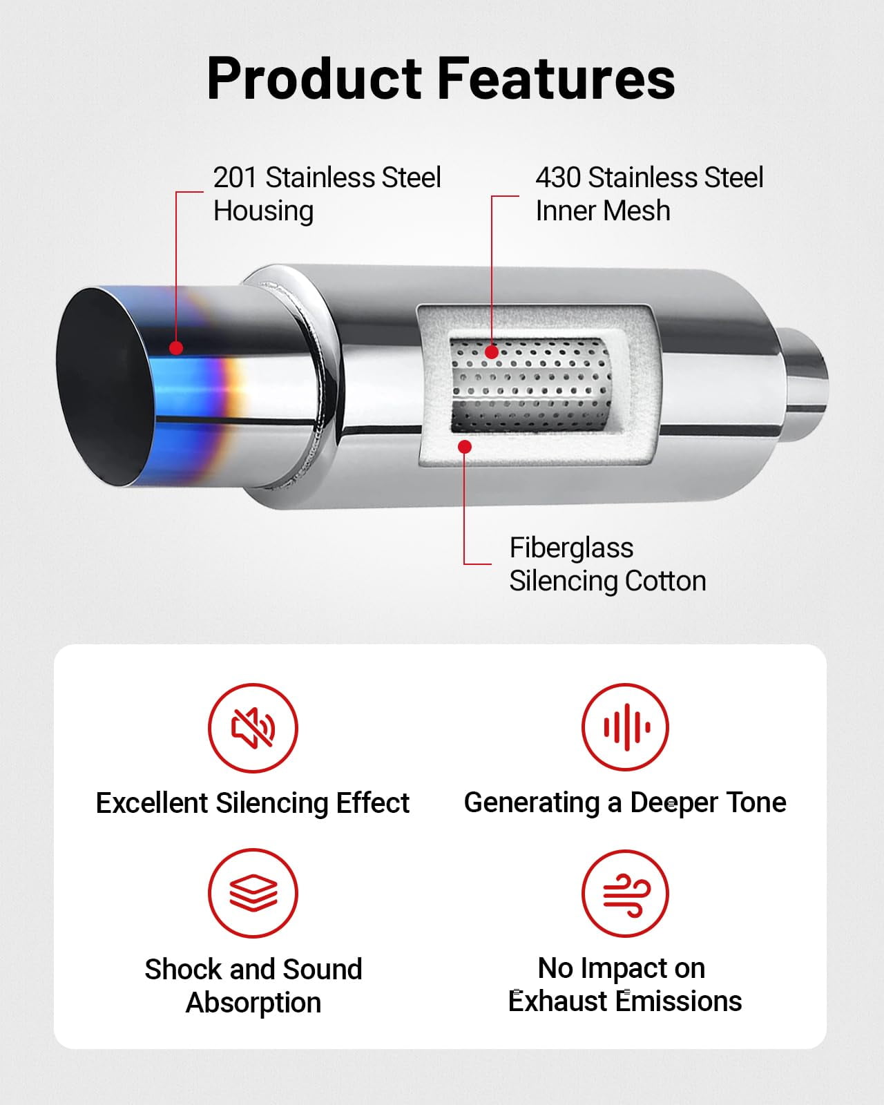 High Performance N1 Universal Exhaust Muffler - 2" Inlet, 3" Outlet, Straight Blue Burnt Tip, Moderate Sound for All Cars