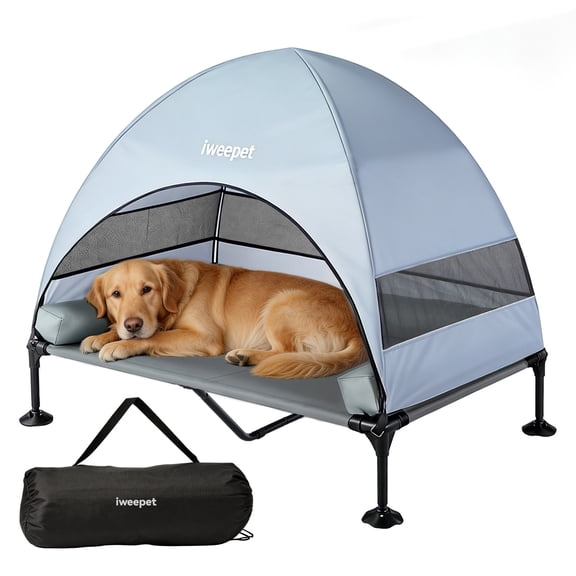 Upgraded 4 in1 Elevated Dog Cot with Removable Canopy & Bolster Pillows for Large & Extra Large Dog,Cooling Raised Outdoor Dog Bed with Breathable Teslin Mesh,Carry Bag for Camping, Backyard