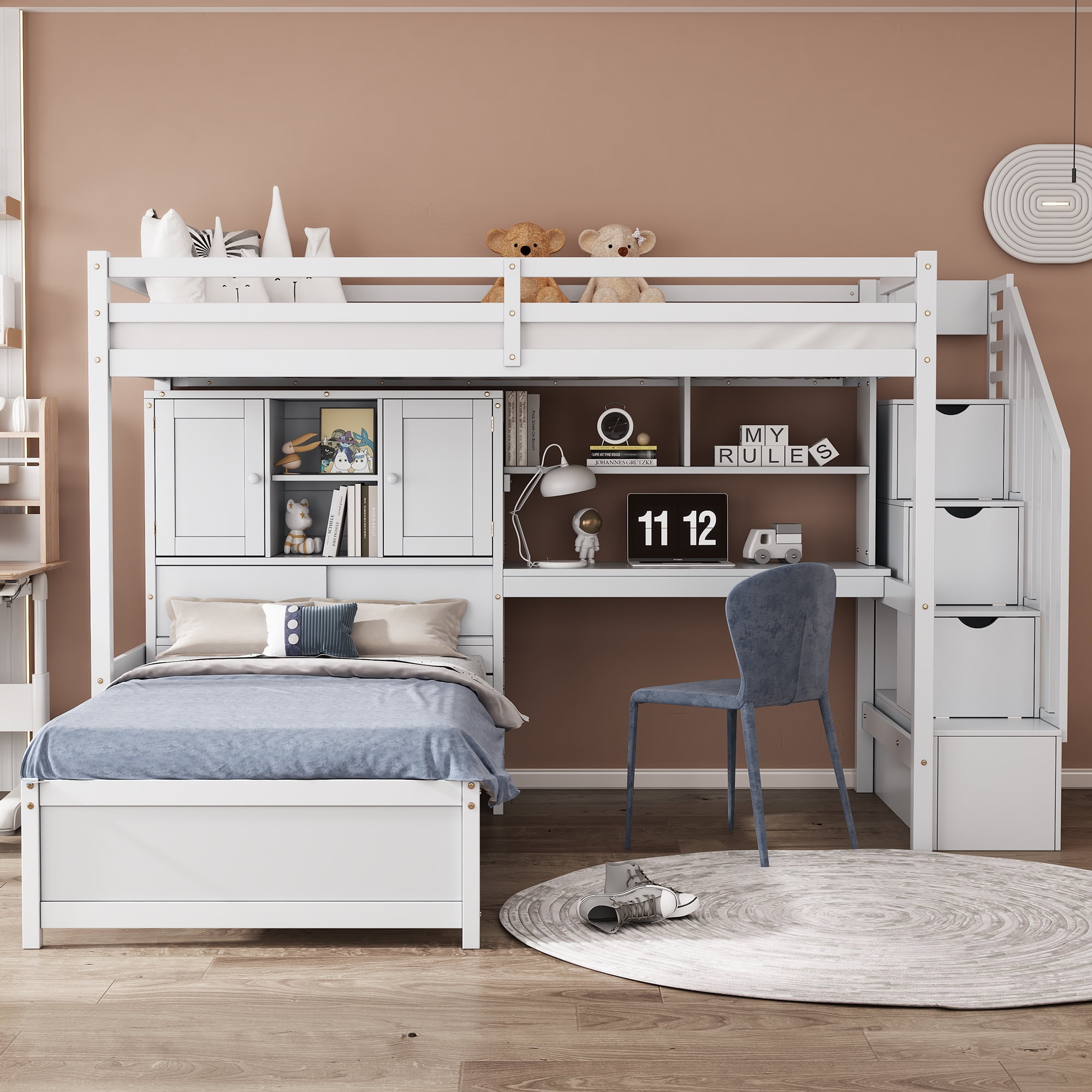 EUROCO Twin over Twin Bunk Bed with Desk and Shleves, Bookcase and Staircase for Kids Teens, White