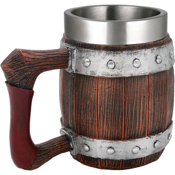 Norse Viking Wooden-Barrel Beer Mug - 21oz Cool Coffee Mug Stainless Steel Tankard Cup Gift for Men Norse Decor