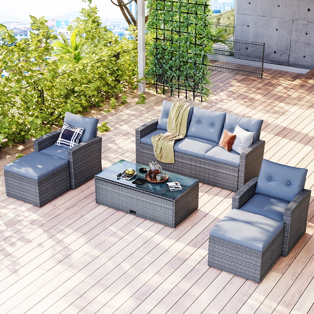 Private Jungle 6-piece All-Weather Wicker PE Rattan Patio Outdoor Dining Conversation Sectional Set with Coffee Table, Wicker Sofas, Ottomans, Removable Cushions (Gray) Private Jungle 6-piece All-Weather Wicker PE Rattan Patio Outdoor Dining Conversation Sectional Set with Coffee Table, Wicker Sofas, Ottomans, Removable Cushions (Gray)