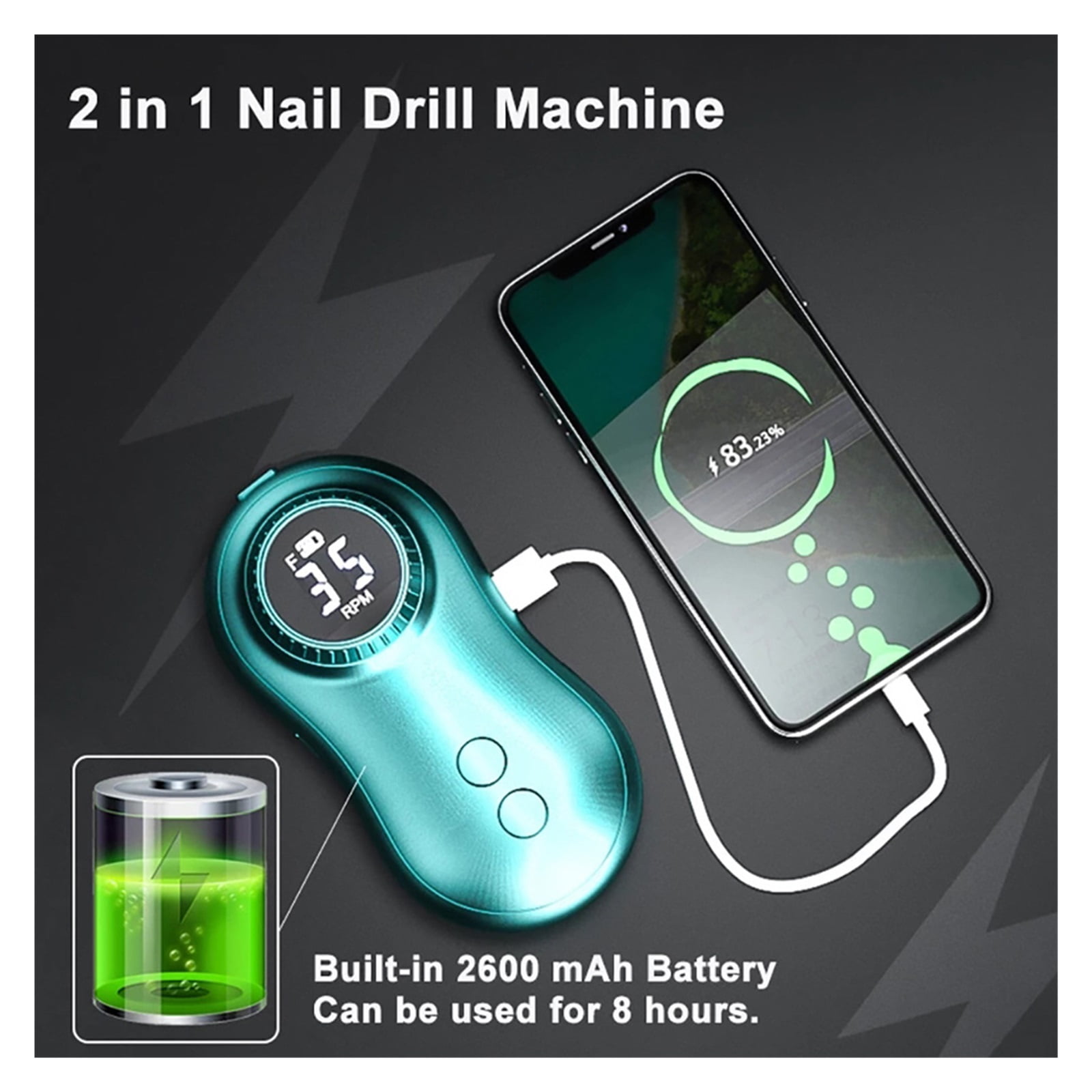 35000 RPM Electric Nail Polish Drill Portable 2 In 1 Electric Nail File With LCD Display USB Charge Professional Tool ,Low Noise