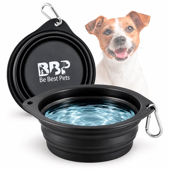 BE BEST PETS Collapsible Dog Bowl, 28 oz, Silicone Travel Pet Bowl with Carabiner Clip, Black