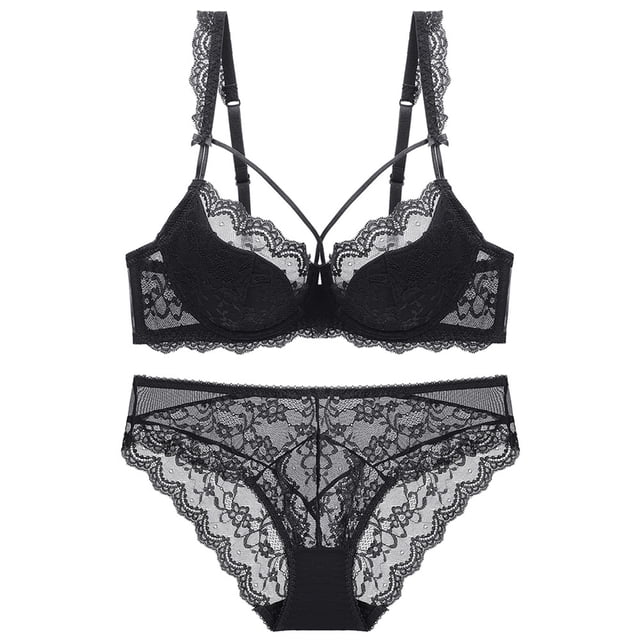 Gibobby Conjuntos de bragas con sujetador Lencería de encaje sexy para mujer Conjunto de sujetador grande, agradable, cómodo y transpirable(Negro, 80D)