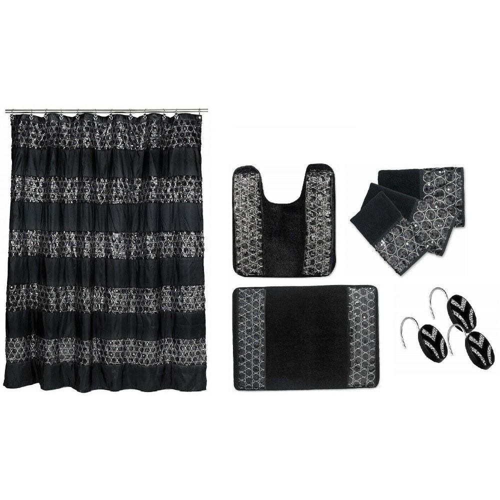 7 Piece Sinatra Black Shower Curtain, Resin Shower Hooks, 2 Rugs and Towel Set