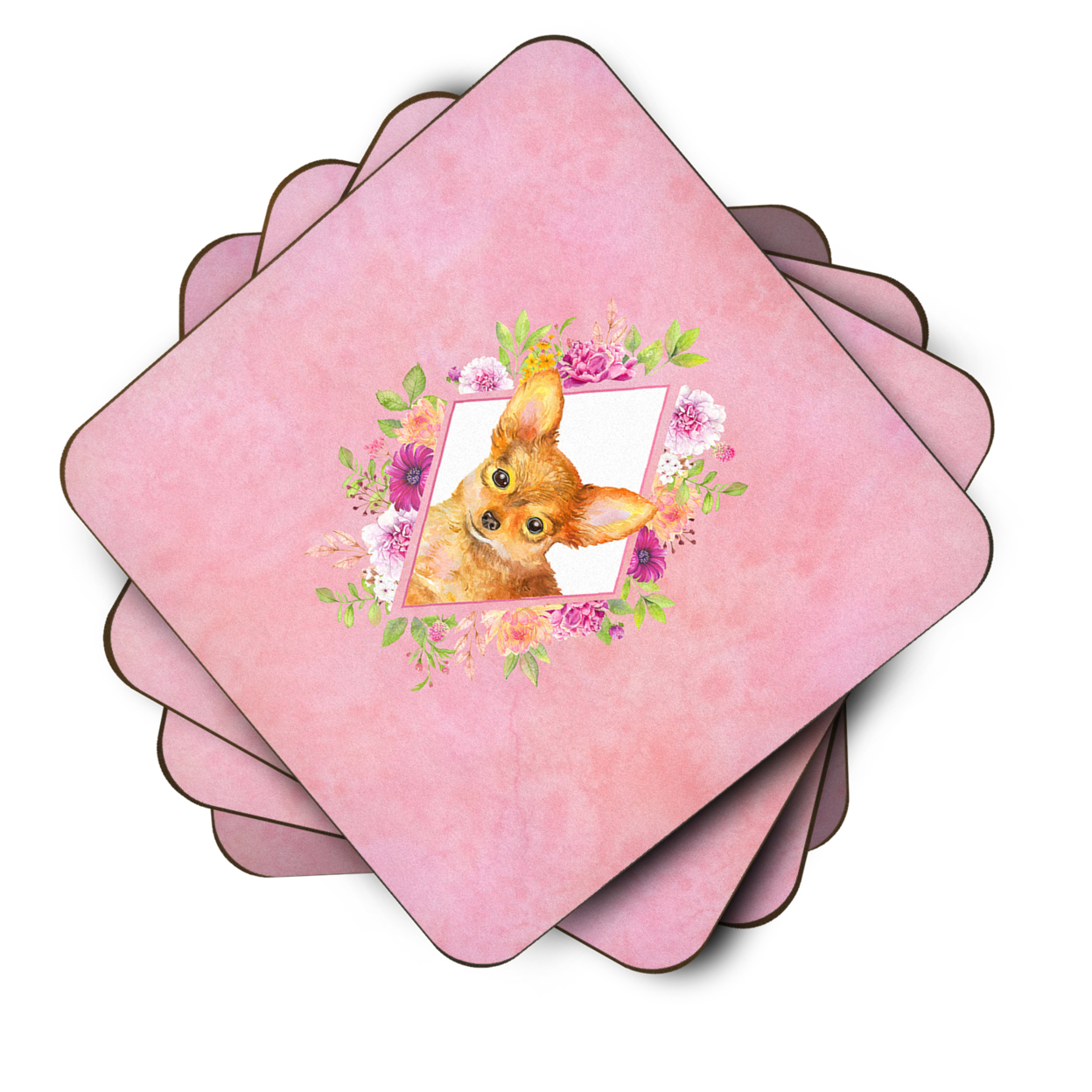Carolines Treasures CK4190FC Toy Terrier Pink Flowers Foam Coaster Set of 4 3 1/2 x 3 1/2 multicolor