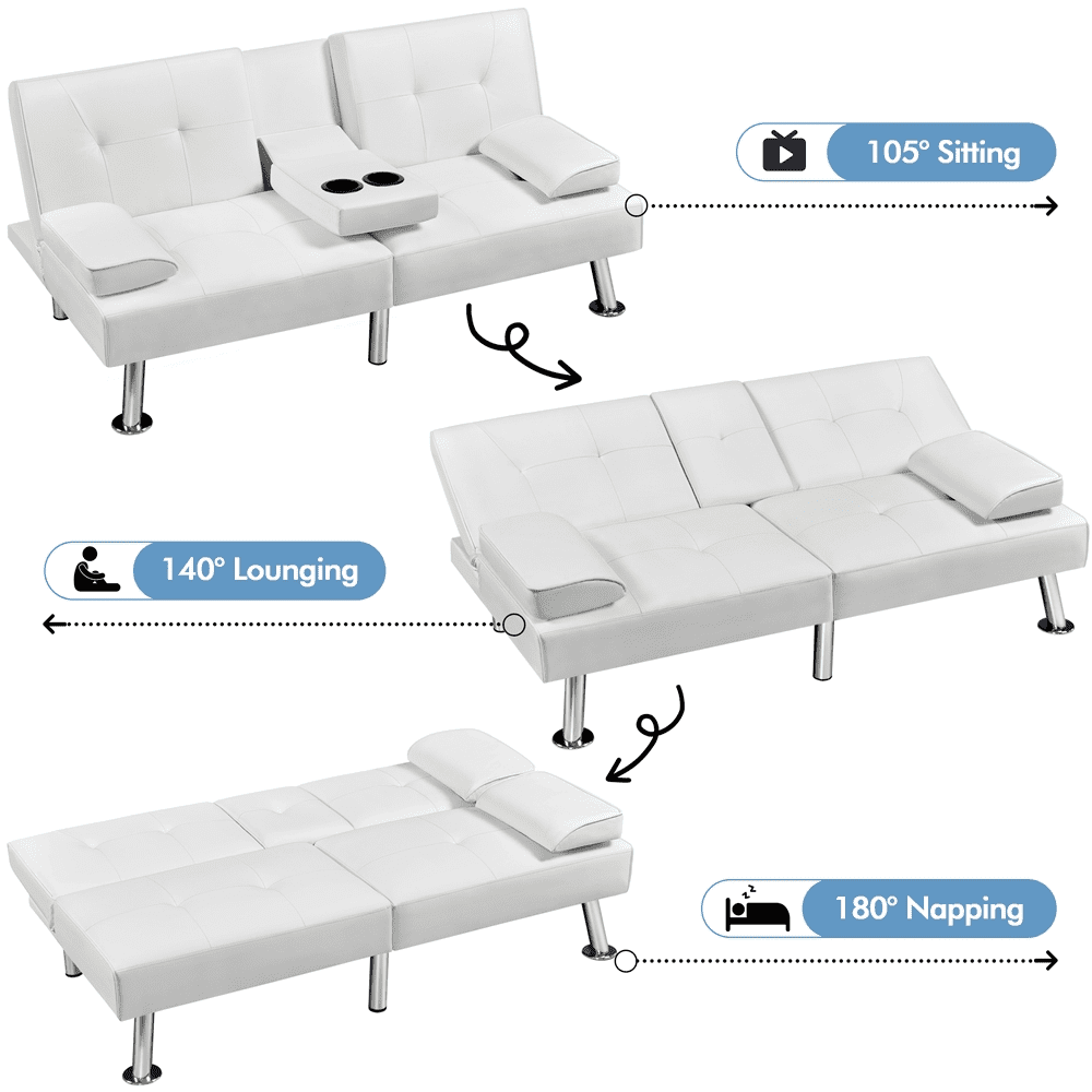 Yaheetech Modern Faux Leather Convertible Futon Sofa Bed with Cup Holders, White