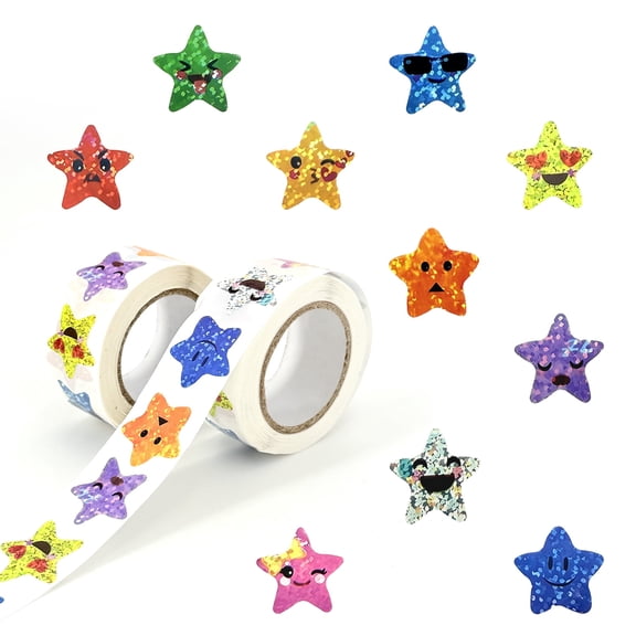 2 Rolls 1000 Pcs Star Expression Stickers for Reward, 1 inch 10 Colors Sparkly Foil Holographic Face Stickers, for Crafts Teacher Essential Supplies