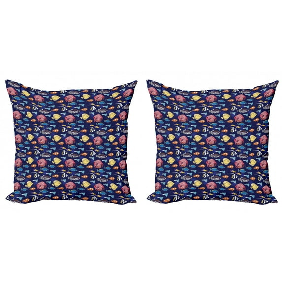 Fish Throw Pillow Cushion Cover Pack of 2, Aquarium Animals Pattern Clownfish and Others Tropical School of Fish Composition, Zippered Double-Side Digital Print, 4 Sizes, Multicolor, by Ambesonne