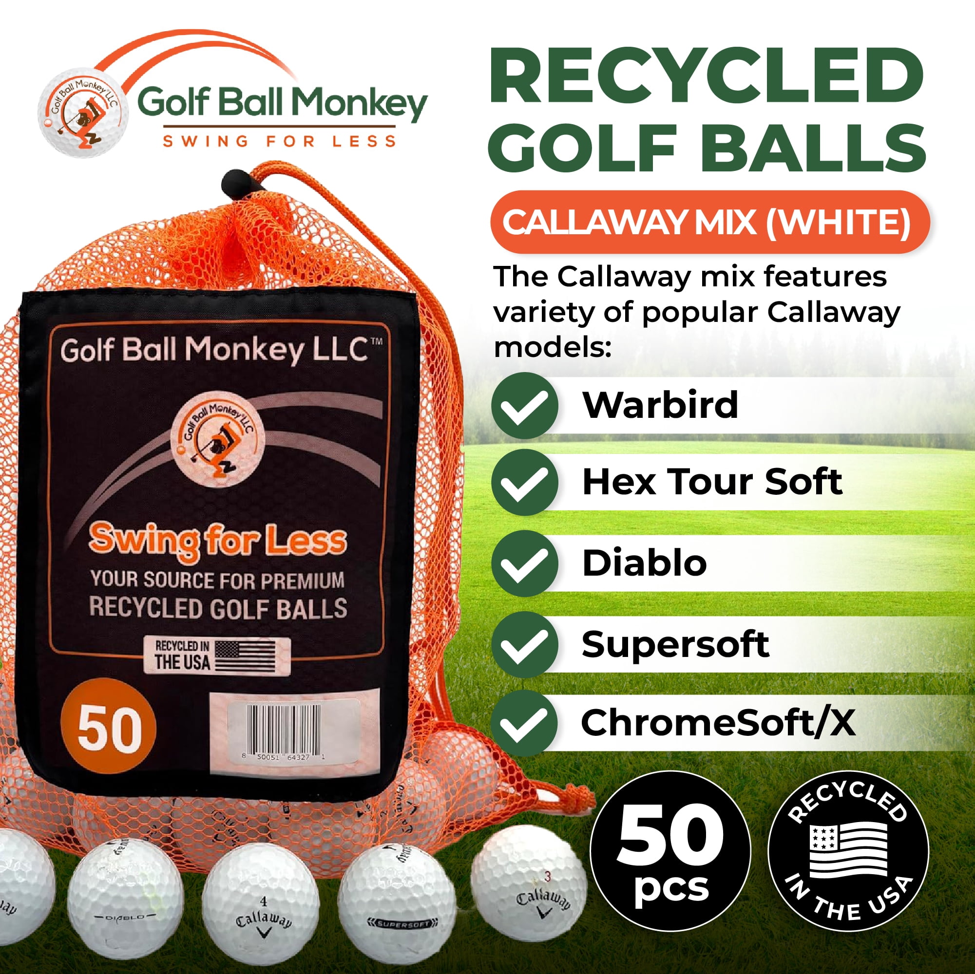Golf Ball Monkey Cheap Recycled Golf Balls for Callaway 50 Mix White - Good Condition - for Callaway Supersoft, Superhot, Warbirds, Diablo, Chromesoft & Hex Tour Soft w/ Tees and Mesh Bag