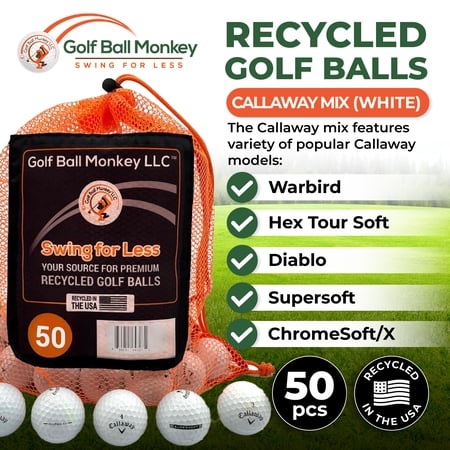 GOLF BALL MONKEY CHEAP RECYCLED GOLF BALLS FOR CALLAWAY 50 MIX WHITE – GOOD CONDITION – FOR CALLAWAY SUPERSOFT, SUPERHOT, WARBIRDS, DIABLO, CHROMESOFT & HEX TOUR SOFT W/ TEES AND MESH BAG