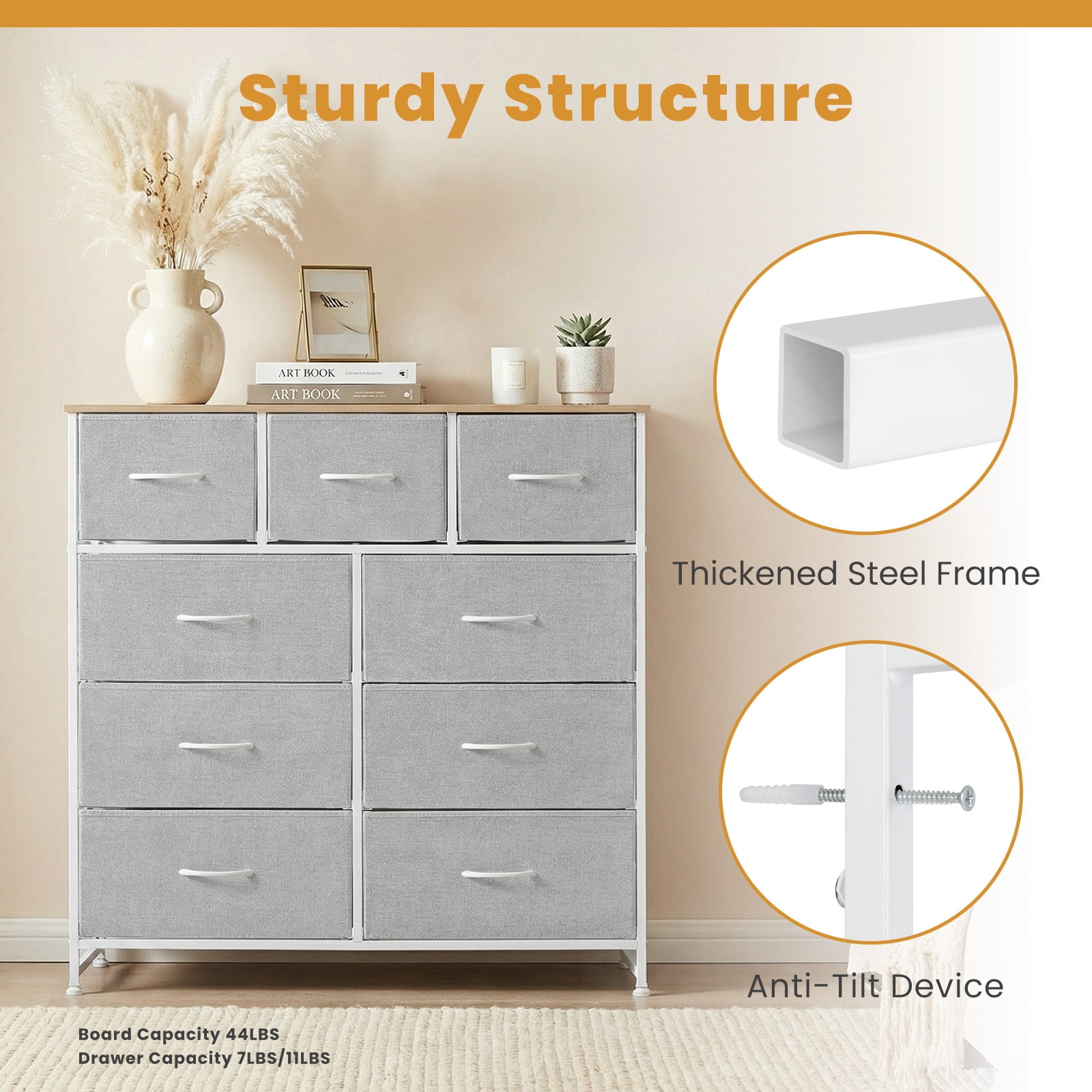 CONCETTA 9-Drawer Fabric Dresser Storage Chest for Bedroom, Closet, Storage Furniture for Adults, Light Gray