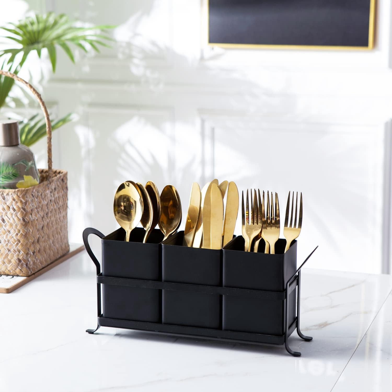 Metal Silverware Caddy,3 Compartment Utensil Holder With Metal Rack,Utensil Caddy Flatware Cutlery Organizer for Countertop Party Picnic Camping Outdoor Pink