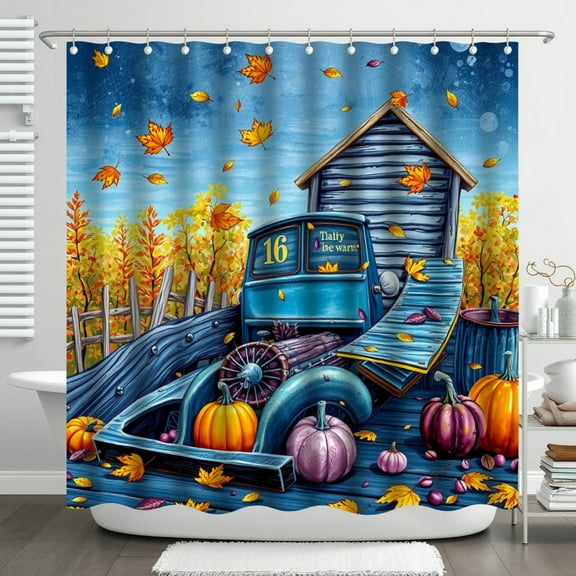 Fall-Themed Shower Curtain with Blue Truck, Pumpkinsand Autumn Leaves