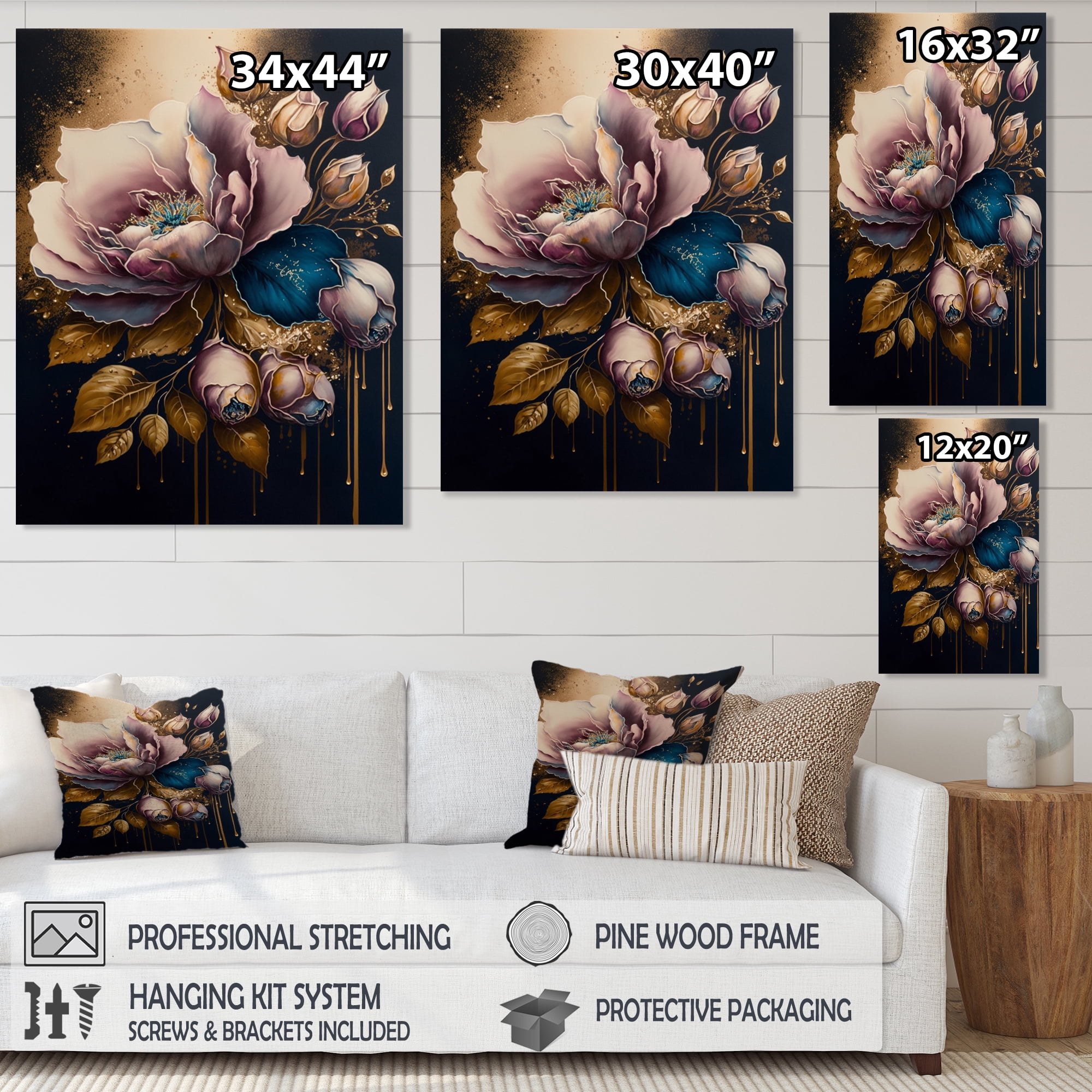 Designart Decadent Pink And Blue Roses II Canvas Wall Art