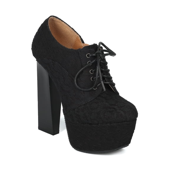 Women Fabric Almond Toe Oxford Platform Lace Up Cigar Heel Bootie - 18089