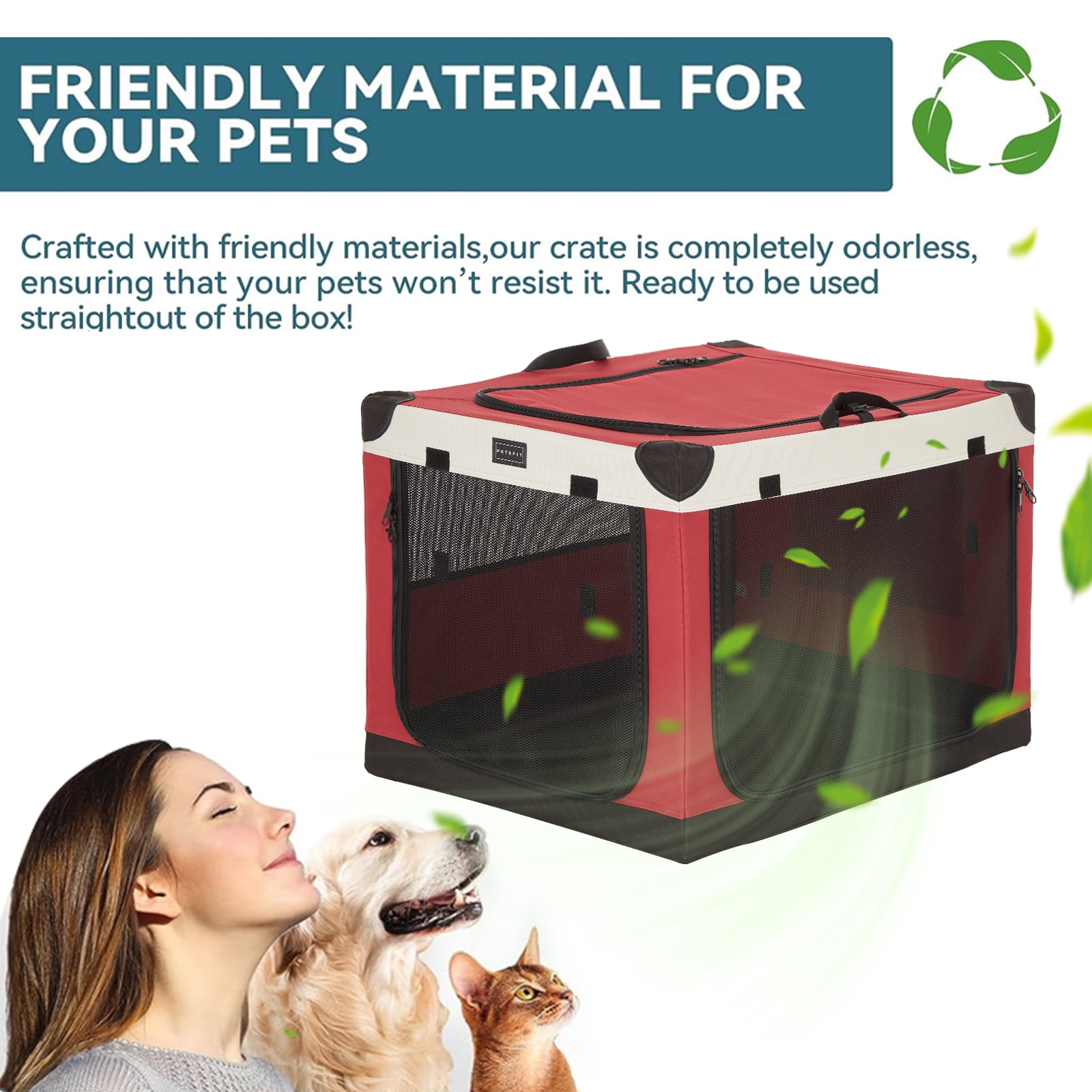 PETSFIT 30inch Soft Sided Dog Crate, Dog Travel Crate-Lightweight, Easy Setup, Sturdy Portable Dog Crate, Adjustable Framework with 3 Mesh Door, Portable Collapsible Dog Kennel, Red